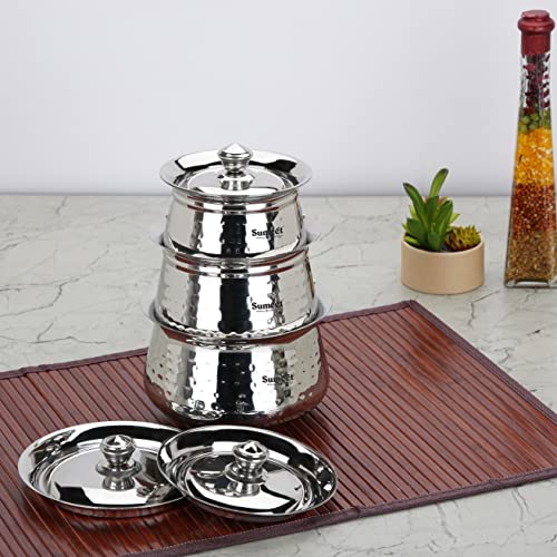 Sumeet Stainless Steel Handcrafted Hammered Texture Handi Set with Lid for Kitchen, Set of 3, 460ml, 650ml & 950ml, Silver
