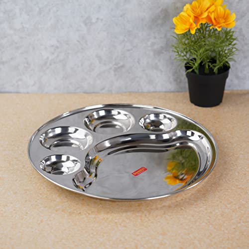 Sumeet Stainless Steel Round 5 in 1 Compartment Lunch / Dinner Plate 1Pc, 34cm Dia, Silver