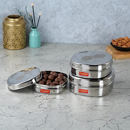 Sumeet Stainless Steel Designer Square Storage containers Box/Dabba for Kitchen, Set of 3Pcs, 350ml, 600ml & 950ml, 12cm, 13.5cm & 15cm Dia, Silver