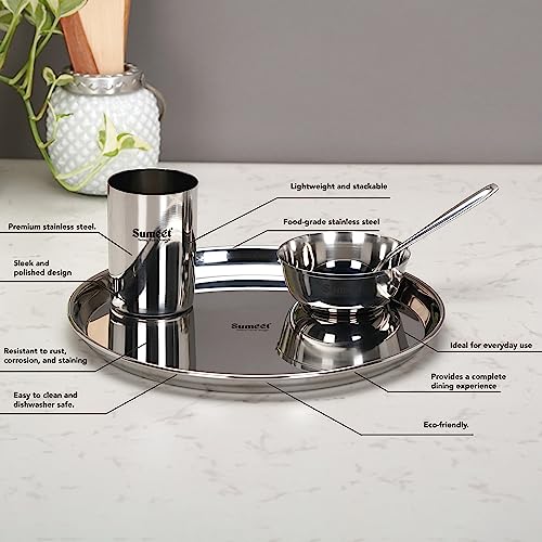 Sumeet Stainless Steel Heavy Gauge Mirror Finish Dinner Set of 16 Pcs (4 Plate, 4 Bowl/Wati, 4 Glass, 4 Spoon), Silver
