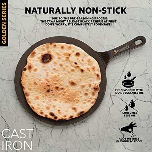 Sumeet Super Smooth Gold Series Pre Seasoned Cast Iron Concave Tawa for Roti/Chapati/Naan |27cm 1.8kg, Gas & Induction-Friendly.