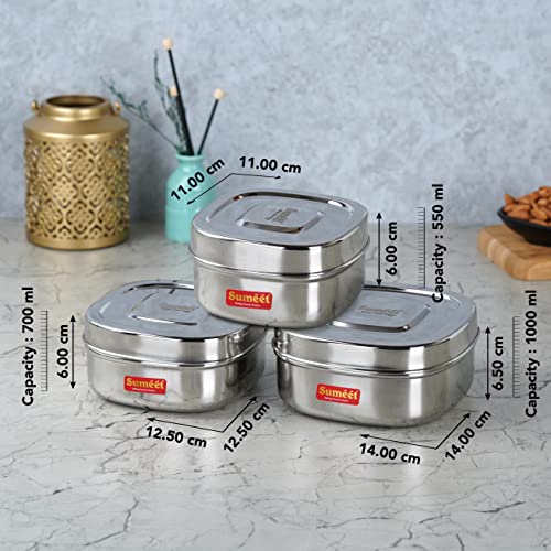 Sumeet Stainless Steel Square Storage containers Box/Dabba for Kitchen, Set of 3Pcs,550ml, 700ml & 1000ml, 11cm, 12.5cm Dia & 14.5cm, Silver