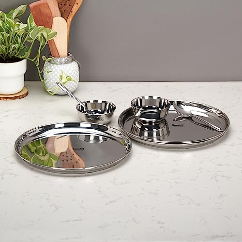 Sumeet Stainless Steel Heavy Gauge Mirror Finish Dinner Set of 9 Pcs (3 Plate, 3 Bowl/Wati, 3 Spoon), Silver
