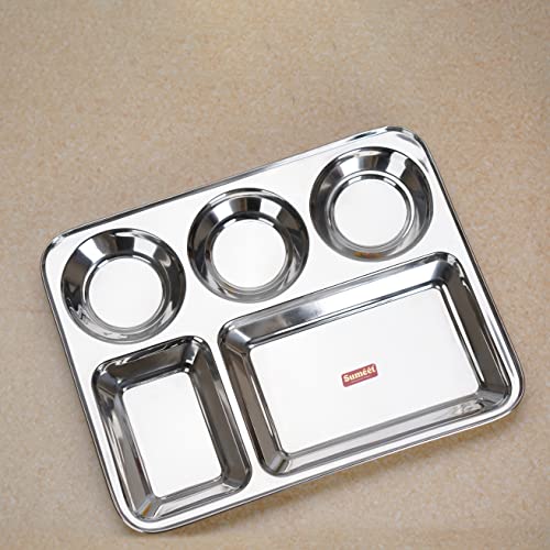 Package: Sumeet Stainless Steel Rectangular 5 in 1 Compartment Lunch / Dinner Plate 1Pc, 37.4cm Dia, Silver