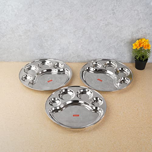Sumeet Stainless Steel Round 5 in 1 Compartment Lunch / Dinner Plate Set of 3Pcs, 31cm Dia, Silver