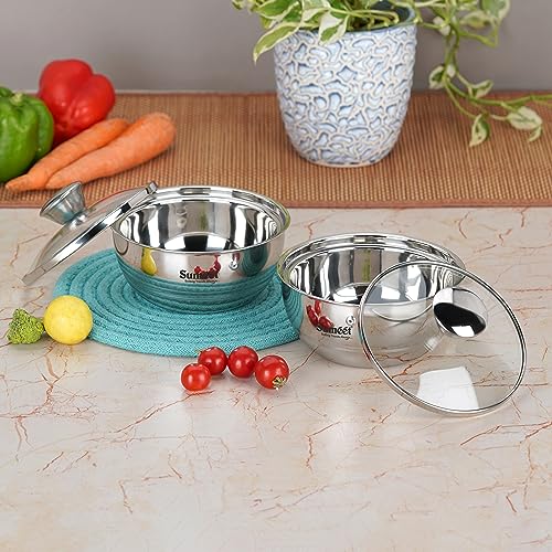Sumeet Smart Serve Stainless Steel Double Wall Insulated Small Hot Sabji/Gravy/Meal Pot/Server/Casserole with Glass Lid, 550ml, Set of 2pc, Silver