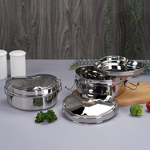 Sumeet Stainless Steel Apple Lunch Box/Tiffin with Steel Separator Plate and Locking Clip Set of 2 Pcs, 650ML Each, Ideal for 2 Persons - Silver