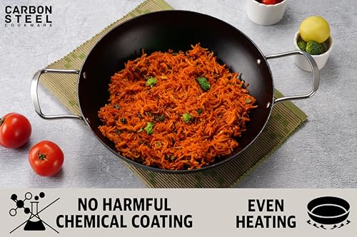 Sumeet Super Smooth Pre Seasoned Carbon Steel (Iron) Deep Kadai for Cooking and Deep Frying|Naturally Nonstick |25cm | 2450ml, Gas & Induction-Friendly, Black