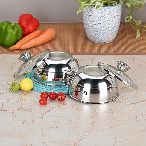 Sumeet Smart Serve Stainless Steel Double Wall Insulated Small Hot Sabji/Gravy/Meal Pot/Server/Casserole with Glass Lid, 550ml, Set of 2pc, Silver