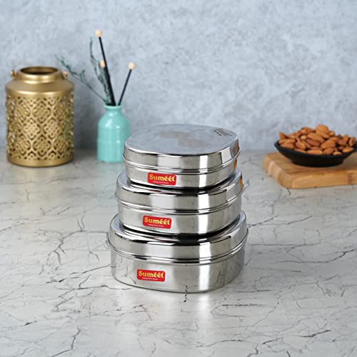 Sumeet Stainless Steel Designer Square Storage containers Box/Dabba for Kitchen, Set of 3Pcs, 350ml, 600ml & 950ml, 12cm, 13.5cm & 15cm Dia, Silver
