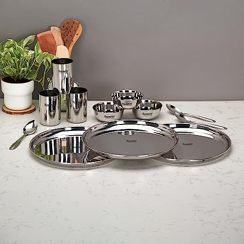 Sumeet Stainless Steel Heavy Gauge Mirror Finish Dinner Set of 12 Pcs (3 Plate, Bowl/Wati, Glass, Spoon), Silver