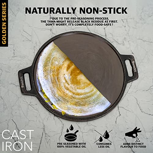 Sumeet Super Smooth Gold Series Pre Seasoned Cast Iron Flat Tawa for Dosa|30.5cm, 2.3kg, Gas & Induction-Friendly.