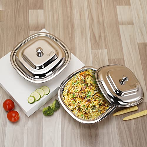 Sumeet Stainless Steel Square Serving Bowl / Curry Bowl / Gravy Pot with lid