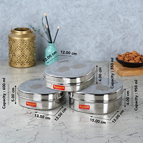 Sumeet Stainless Steel Designer Square Storage containers Box/Dabba for Kitchen, Set of 3Pcs, 350ml, 600ml & 950ml, 12cm, 13.5cm & 15cm Dia, Silver