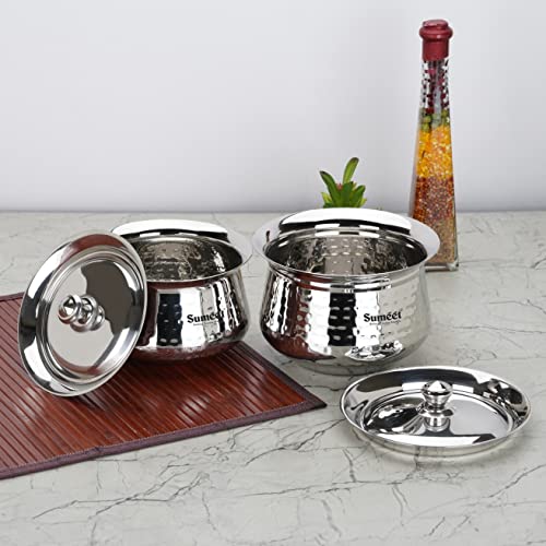 Sumeet Stainless Steel Handcrafted Hammered Texture Handi Set with Lid for Kitchen, Set of 2, 950ml & 1300ml, Silver