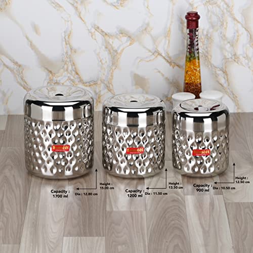 Sumeet Stainless Steel Vertical Utility Canisters/Ubha Dabba/Storage Containers with Design Set of 3pcs (900ml, 1200ml,1700ml), Silver
