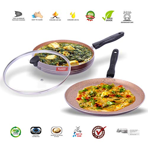 Sumeet Nonstick Granite Finish Famous 2pc Combo Set (Dosa Tawa - 26.5cm Dia + Fry Pan with Glass Lid - 1.8 LTR Capacity - 24cm Dia)