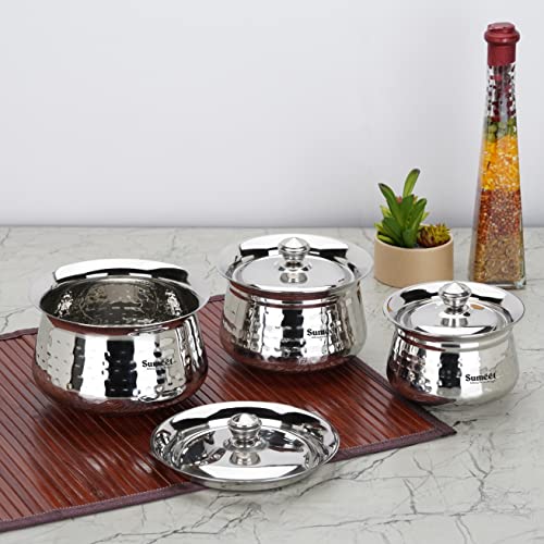 Sumeet Stainless Steel Handcrafted Hammered Texture Handi Set with Lid for Kitchen, Set of 3, 460ml, 650ml & 950ml, Silver
