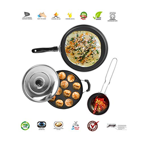 Sumeet 2.6mm Thick Non-Stick Roisin Combo Set (Dosa Tawa – 26.5cm Dia + Grill Appam Patra with Lid – 23cm Dia + Tadka Pan – 10cm Dia)