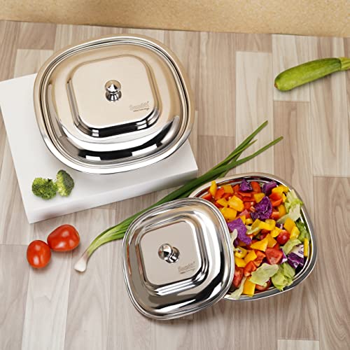 Sumeet Stainless Steel Square Serving Bowl / Curry Bowl / Gravy Pot with lid