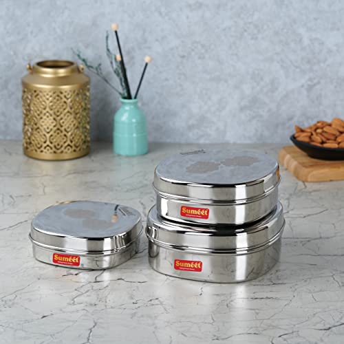 Sumeet Stainless Steel Designer Square Storage containers Box/Dabba for Kitchen, Set of 3Pcs, 350ml, 600ml & 950ml, 12cm, 13.5cm & 15cm Dia, Silver