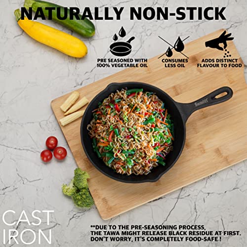 Sumeet Pre Seasoned Heavy Weight Cast Iron Frying Pan / Skillet, Induction Friendly, 21cm, Weight - 1.480Kg, Black