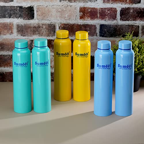 Sumeet Stainless Steel Multi Colored Leak-Proof Water Bottle/Fridge Bottle - 1000ml - Pack of 6