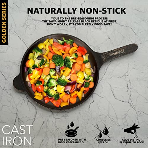 Sumeet Super Smooth Gold Series Pre Seasoned Cast Iron Shallow Fry Pan for Frying/Roasting |24.5cm 1.6kg, Gas & Induction-Friendly.
