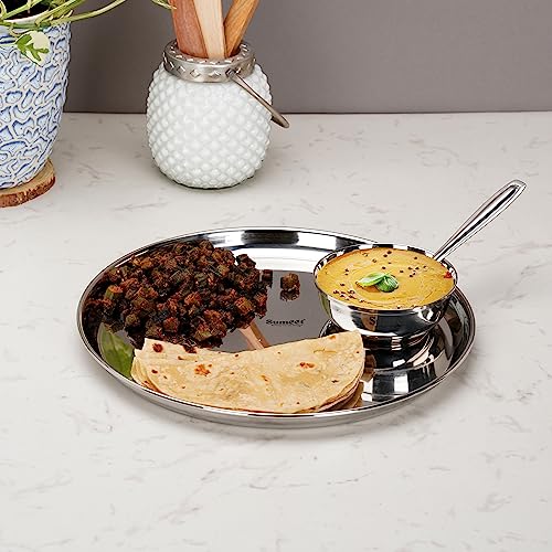 Sumeet Stainless Steel Heavy Gauge Mirror Finish Dinner Set of 12 Pcs (4 Plate, 4 Bowl/Wati, 4 Spoon), Silver