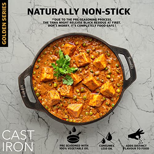 Sumeet Super Smooth Gold Series Pre Seasoned Cast Iron Kadai for Cooking /Deep Fry/Saute |2.7 LTR, 25cm, 2.670kg, Gas & Induction-Friendly.