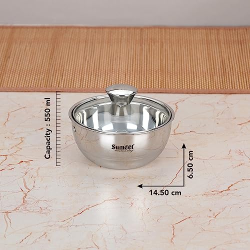 Sumeet Smart Serve Stainless Steel Double Wall Insulated Small Hot Sabji/Gravy/Meal Pot/Server/Casserole with Glass Lid, 550ml, Set of 2pc, Silver