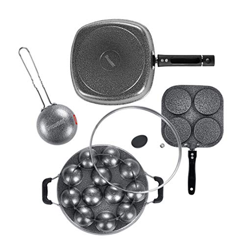 Sumeet NonStick Must Cookware Set (Mini Multi Snack Maker - 4 Cavity -19.5cm + Grill Appam Patra with Glass Lid - 12 Cavity - 22cm Dia + Grill Pan-22cm Dia + Waghariya/Tadka pan - 190Ml - 10Cm Dia)