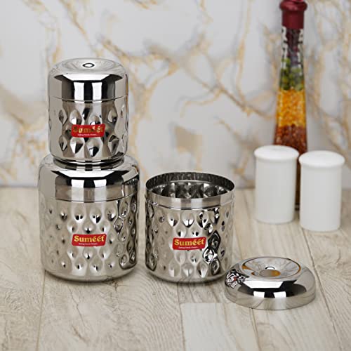 Sumeet Stainless Steel Vertical Utility Canisters/Ubha Dabba/Storage Containers with Design Set of 3pcs (350ml, 500ml,700ml), Silver