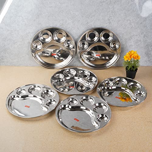 Sumeet Stainless Steel Round 5 in 1 Compartment Lunch / Dinner Plate Set of 6Pcs, 34cm Dia, Silver