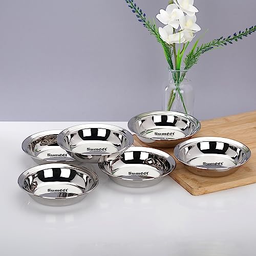 Sumeet Stainless Steel Heavy Gauge Multi Utility Serving Plates with Mirror Finish 14.5cm Dia - Set of 6pc, Silver