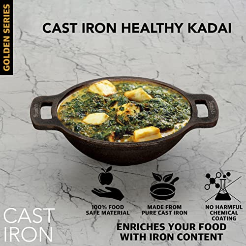 Sumeet Super Smooth Gold Series Pre Seasoned Cast Iron Small Kadai for Fry/Saute |950ml, 18.5cm 1.130kg.