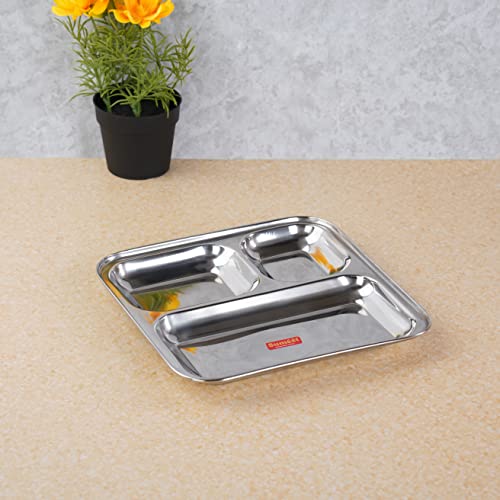 Sumeet Stainless Steel 3 in 1 Idli WADA Compartment Plate / Snack Plate / Breakfast Plate 1Pc, 21.7cm Dia, Silver