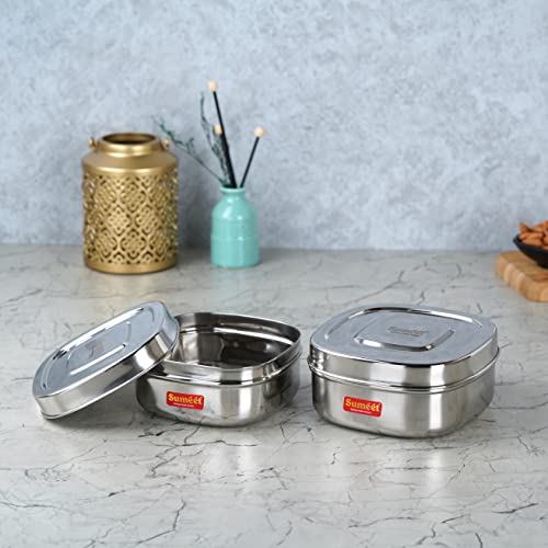 Sumeet Stainless Steel Square Storage containers Box/Dabba for Kitchen, Set of 2Pcs,550ml & 700ml, 11cm & 12.5cm Dia, Silver
