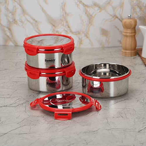 Sumeet Airtight & Leak Proof Steelexo S.S. Container/Lunch Box with Stainless Steel Lid Set Pack of 3Pcs (900ML, 14.5CM) - Silver
