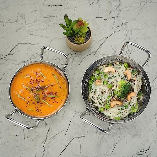 Sumeet Stainless Steel Handcrafted Hammered Mathar Kadai for Kitchen, Small Size, 450ML & 650ML, 12cm & 14cm Dia, Pack of 2, Silver