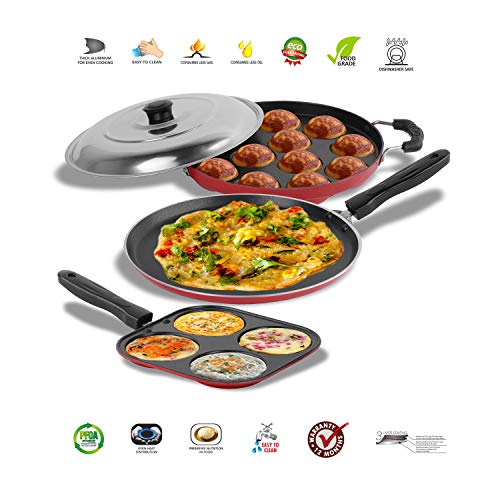 Sumeet 2.6mm Thick Non-Stick Get Red Combo Set (Dosa Tawa – 26.5cm Dia + Multi Snack Maker – 26.5cm Dia + Grill Appam Patra with Lid – 23cm Dia)