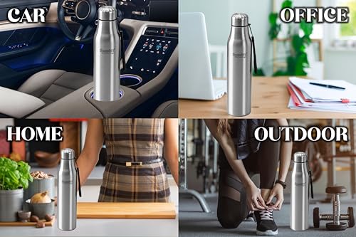 Sumeet Alpha-Aqua Stainless Steel Leak Proof Water Bottle Office/School/College/Gym/Picnic/Home/Fridge - 1 Litre |Pack of 1| Silver