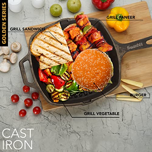 Sumeet Super Smooth Gold Series Pre Seasoned Cast Iron Grill Pan for Grill/Fry/Saute/Roast |28cm 3.180kg, Gas & Induction-Friendly.