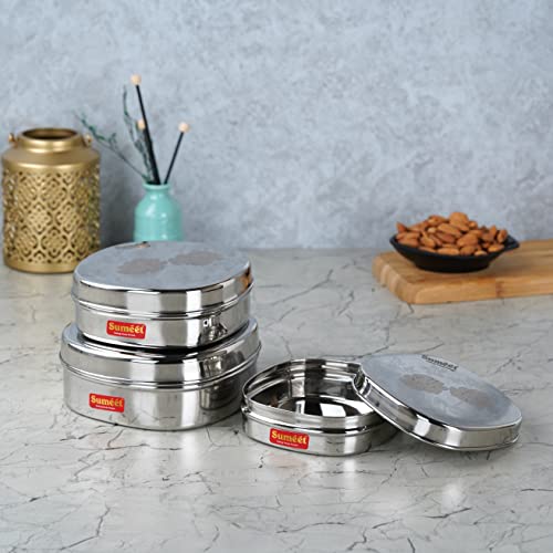 Sumeet Stainless Steel Designer Square Storage containers Box/Dabba for Kitchen, Set of 3Pcs, 350ml, 600ml & 950ml, 12cm, 13.5cm & 15cm Dia, Silver