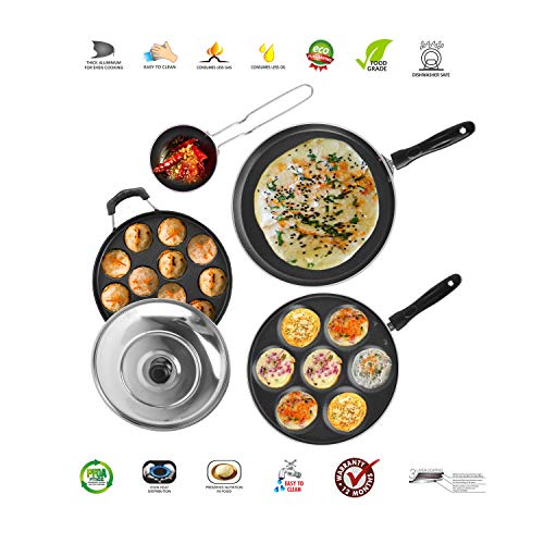 Sumeet 2.6mm Thick Non-Stick Rouge Cookware Set (Dosa Tawa – 26.5cm Dia + Multi Snack Maker – 26.5cm Dia + Grill Appam Patra with Lid – 23cm Dia + Tadka Pan – 10cm Dia)