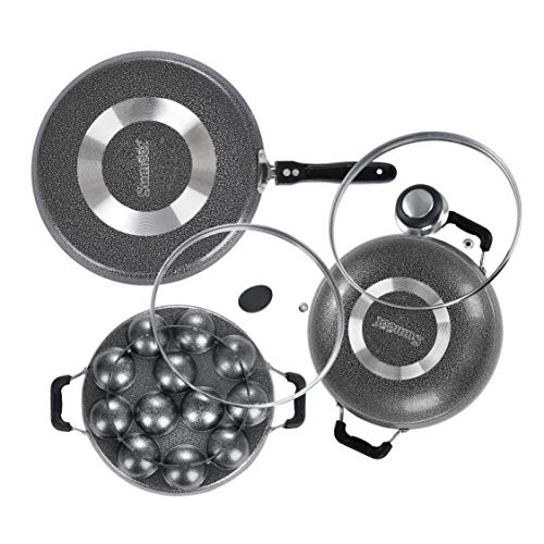 Sumeet NonStick Abu-Abu Cookware Set (Dosa Tawa - 26.5Cm Dia + Kadhai with Glass Lid -2Ltr - 22Cm Dia + Grill Appam Patra with Glass Lid - 12 Cavity - 22cm Dia)