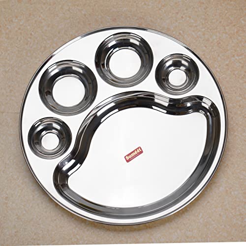 Sumeet Stainless Steel Round 5 in 1 Compartment Lunch / Dinner Plate 1Pc, 34cm Dia, Silver