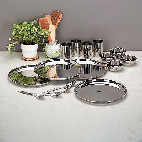 Sumeet Stainless Steel Heavy Gauge Mirror Finish Dinner Set of 16 Pcs (4 Plate, 4 Bowl/Wati, 4 Glass, 4 Spoon), Silver
