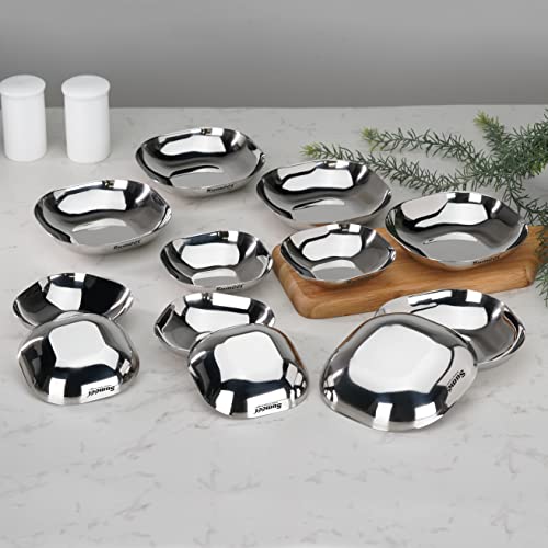 Sumeet Stainless Steel Small Apple Square Shape Plate/Dessert Plate/Halwa Plate Combo Set of 12pcs, 9cm & 10.5cm Dia, 120ML & 170ML (Each 6pcs) - Silver