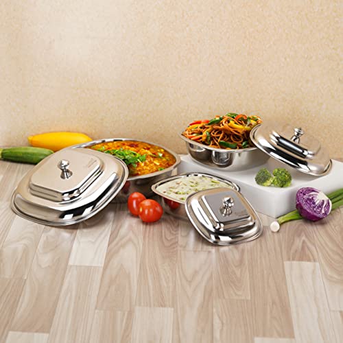 Sumeet Stainless Steel Square Serving Bowl / Curry Bowl / Gravy Pot with lid